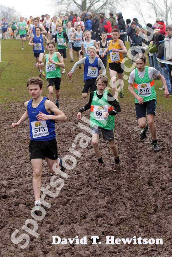 Noah Armitage-Hookes leads during the under-13 boys McCain World Cross country Trials and Inter Counties.